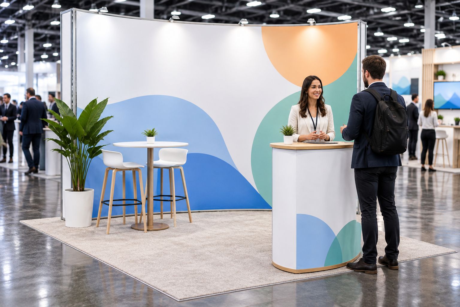 Tension-fabric backwall behind a small demonstration table with an open booth entrance
