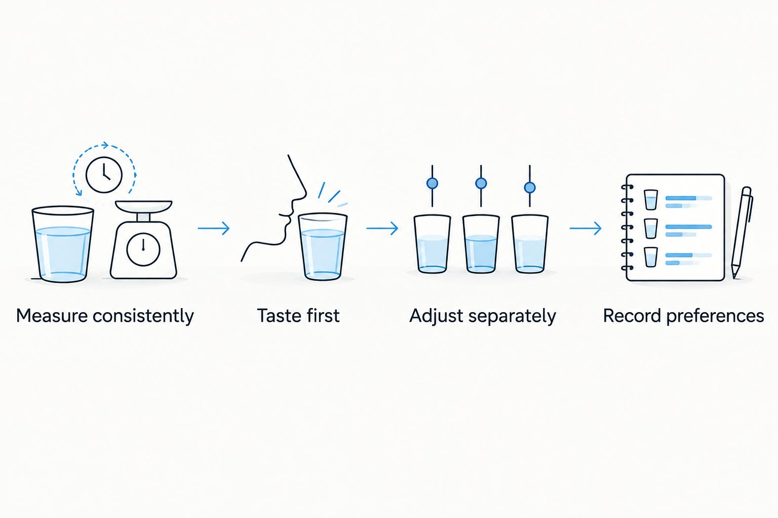 Four brewing steps: measure consistently, taste first, adjust separately, and record preferences
