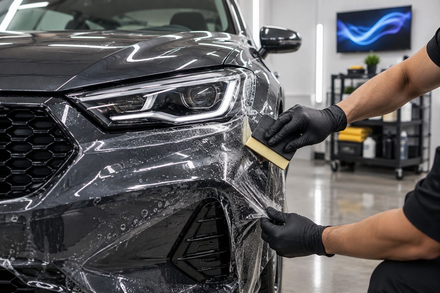 Next powered by EA Detailer Technician applying clear paint protection film to a car bumper