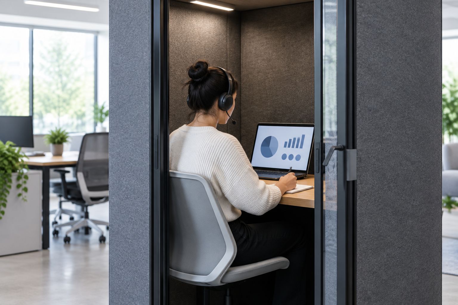 An individual invigilator working in an unbranded enclosed booth in a shared office