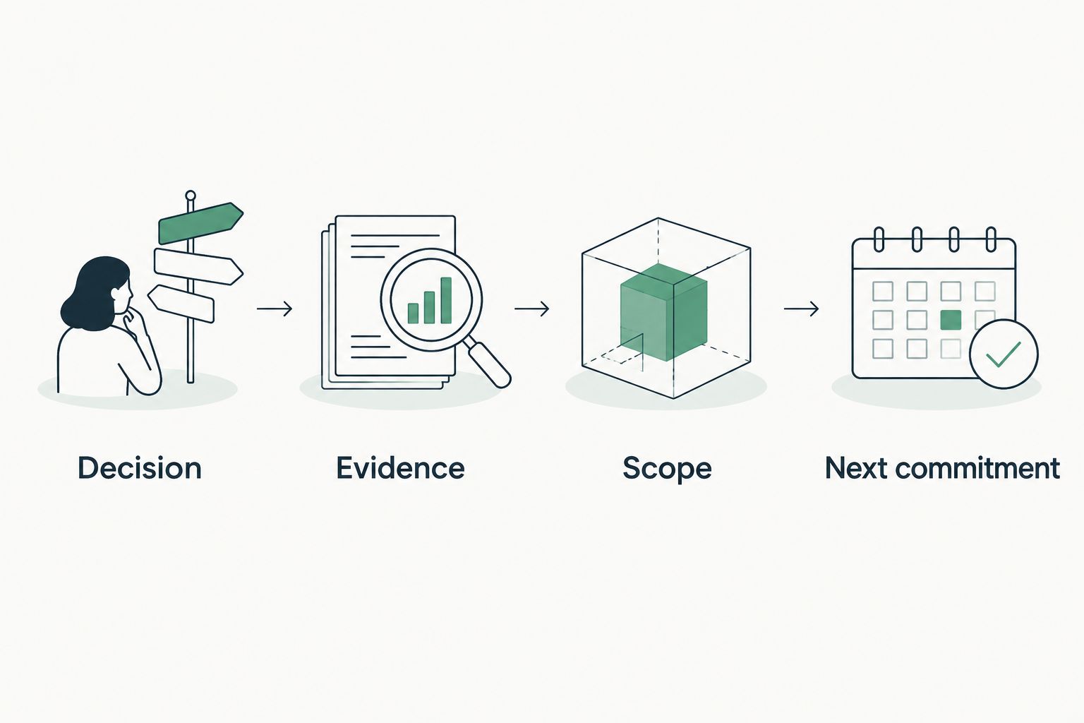 Illustrative sequence from decision and evidence to scope and the next commitment
