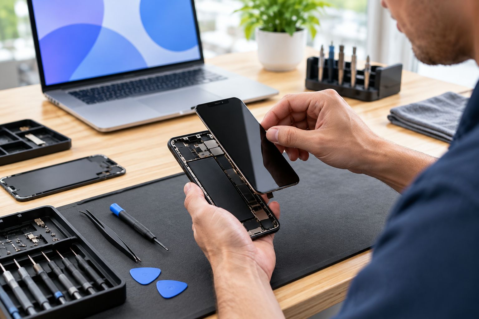 Technician replacing a cracked smartphone screen at a repair workbench