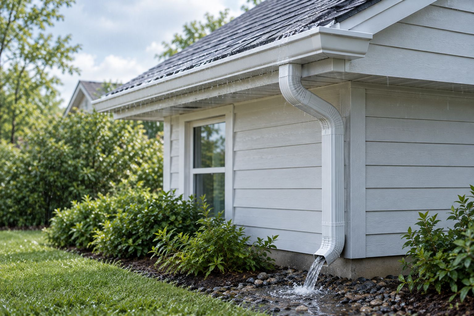 Ground-level view of a gutter, downspout, and discharge point during rain