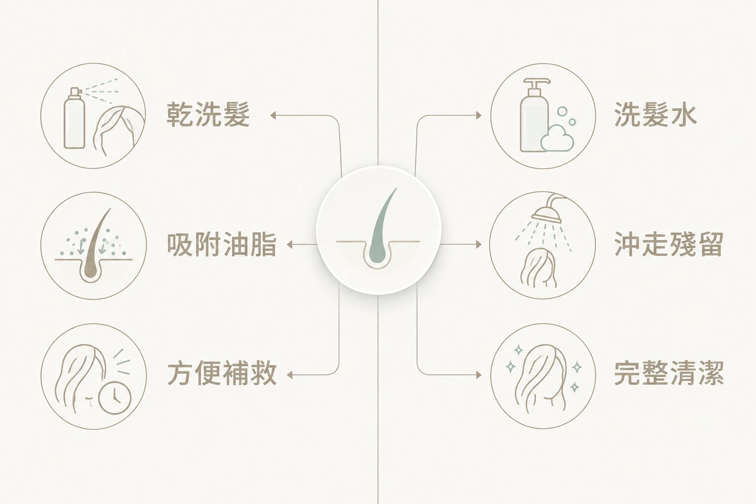 乾洗髮與洗髮水在吸油和清潔作用上的兩欄比較圖