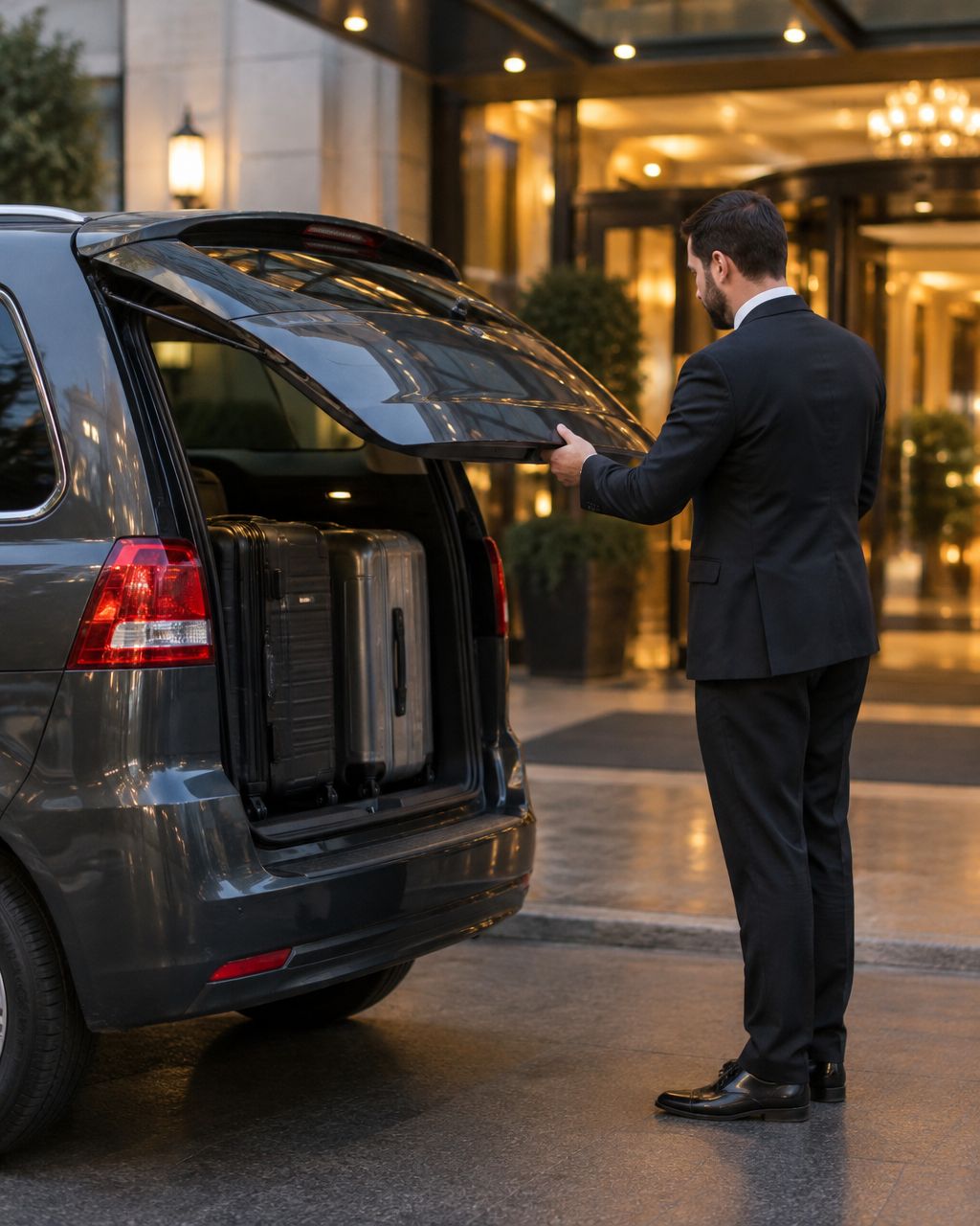A Mayline chauffeur closing the boot of a seven-seat MPV after loading luggage at a Hong Kong hotel entrance