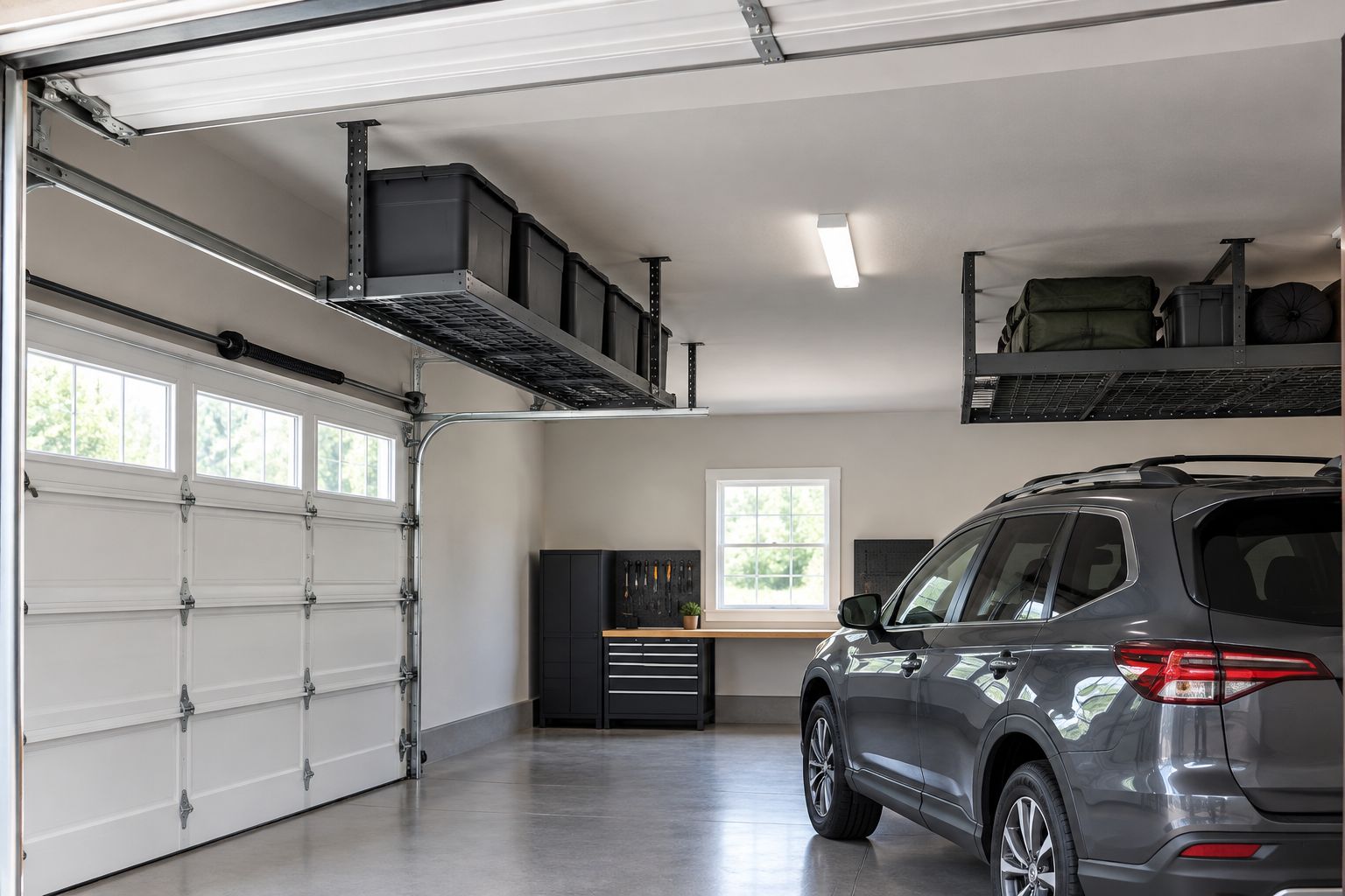 Narrow overhead garage rack holding bins away from the garage door track
