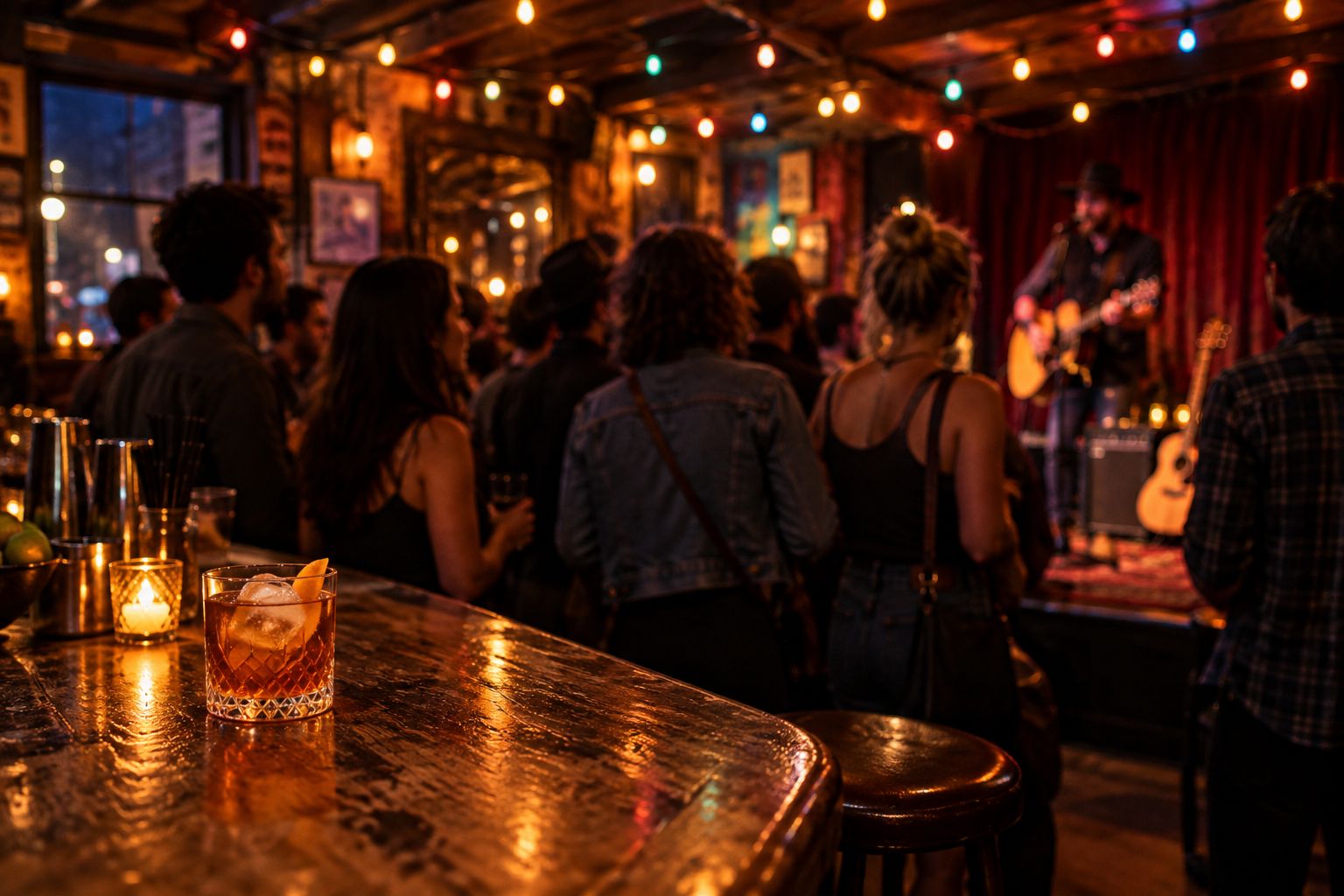 Small honky-tonk dive bar with a live band setup and close-standing crowd