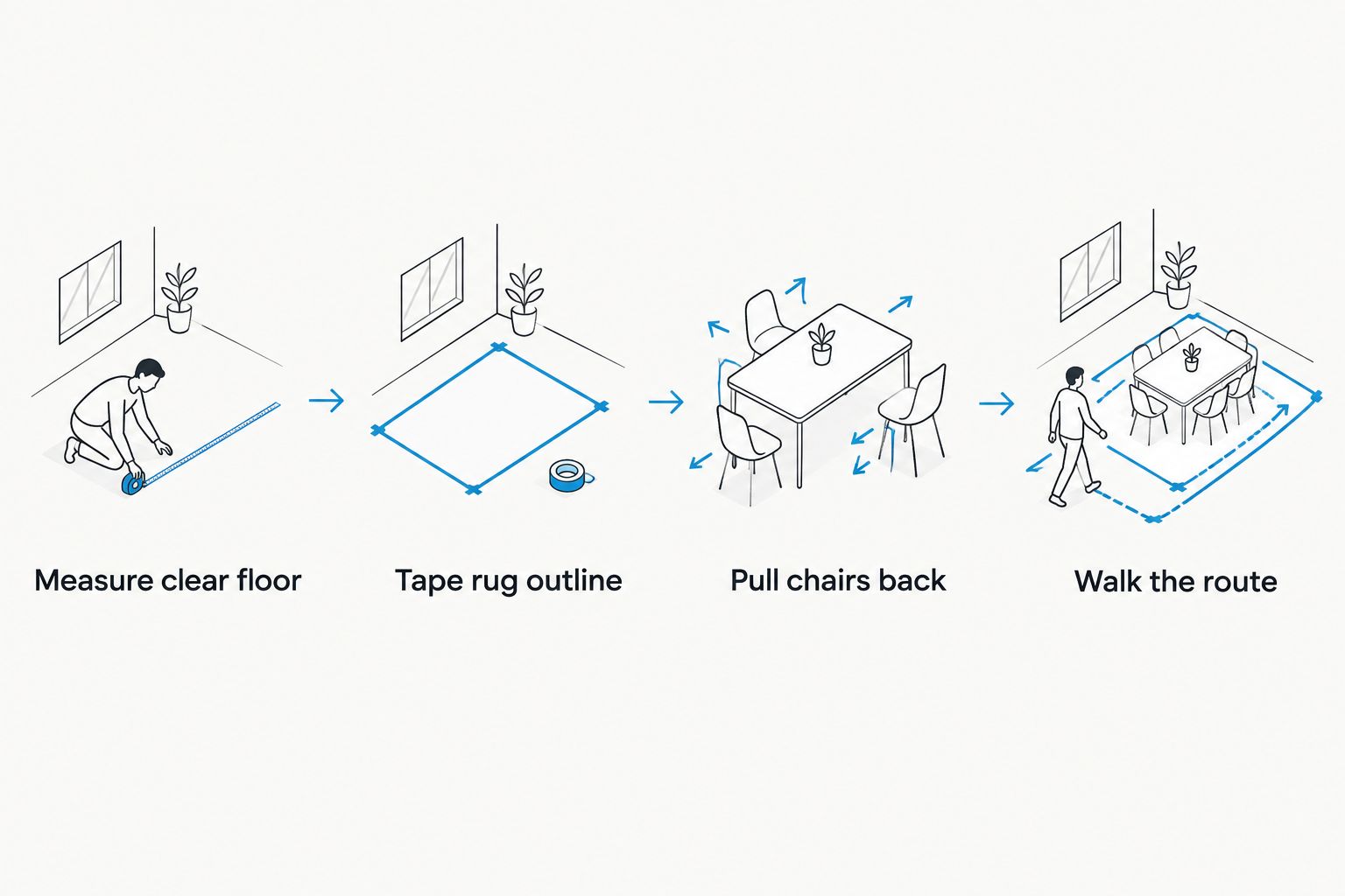 Steps for checking an area rug's fit around furniture and walking routes