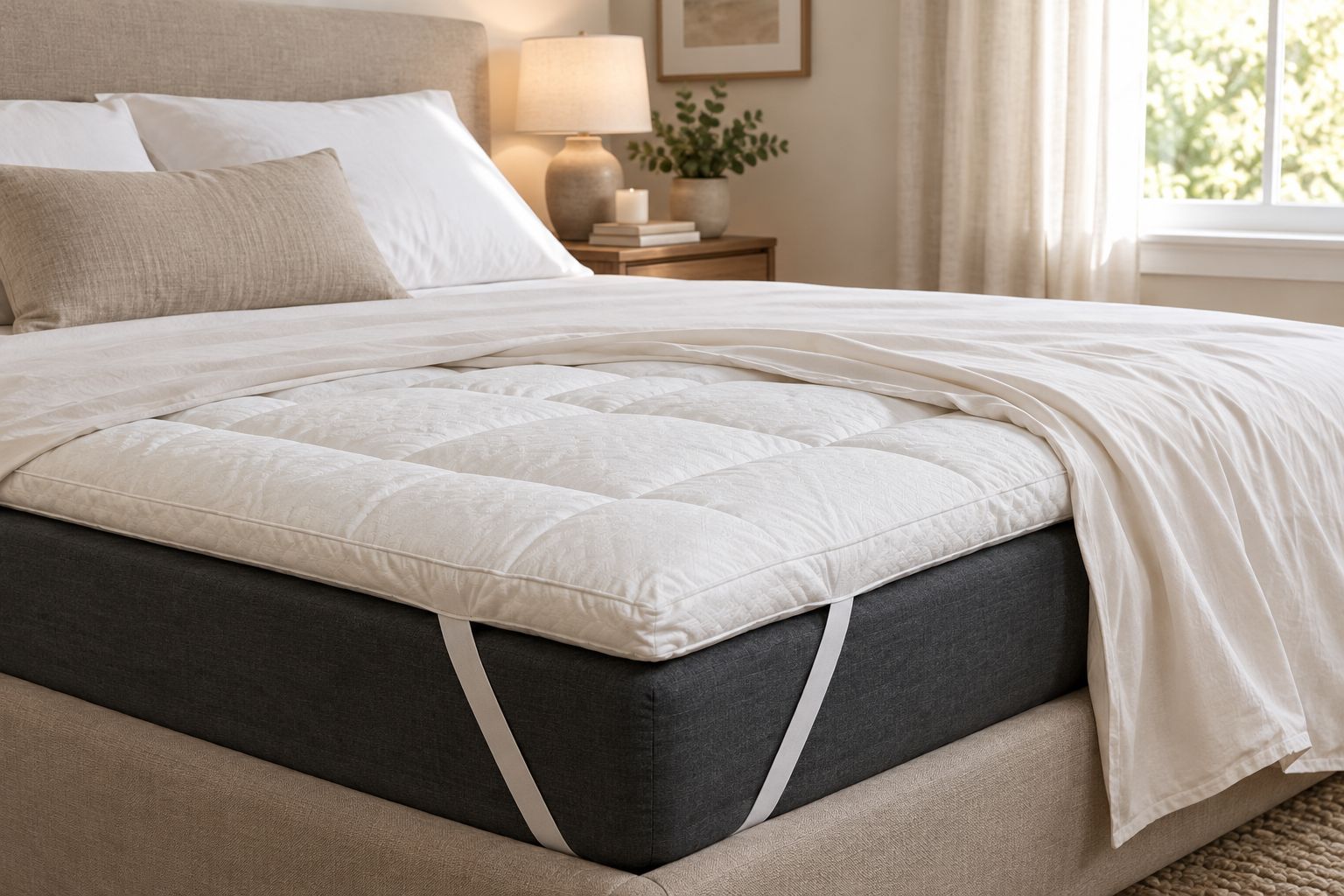 Mattress topper beneath a folded-back fitted sheet in a refined bedroom