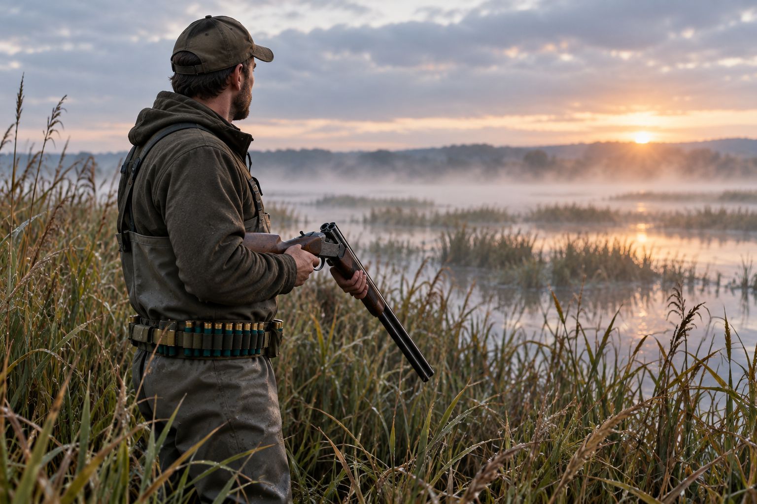 Hunter standing at a wetland margin with a shotgun broken open at dawn
