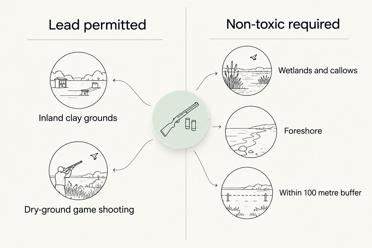 Two column diagram comparing where lead shot is permitted versus where non-toxic shot is required