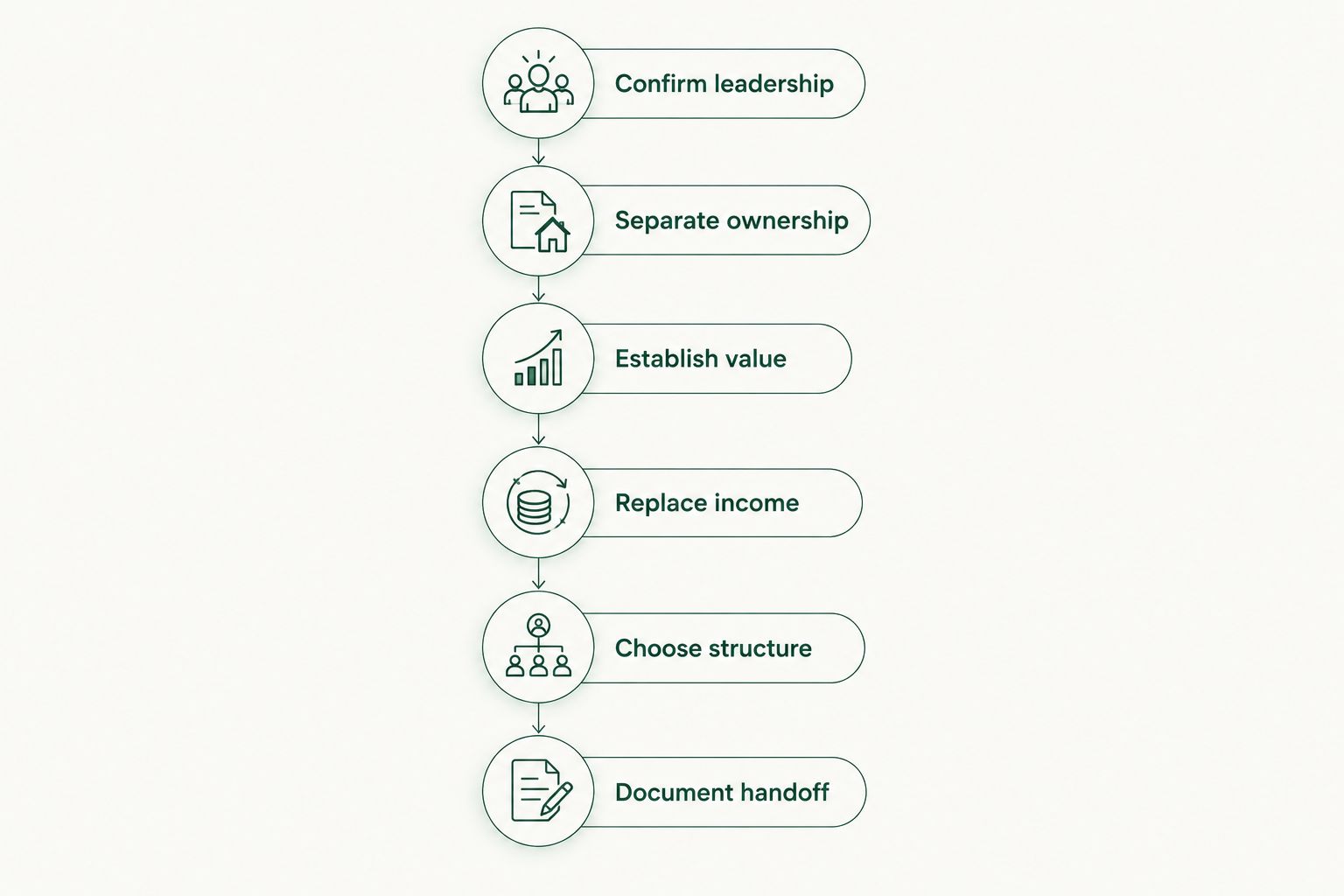 Six steps connecting successor readiness, ownership, valuation, income replacement, structure, and documentation.