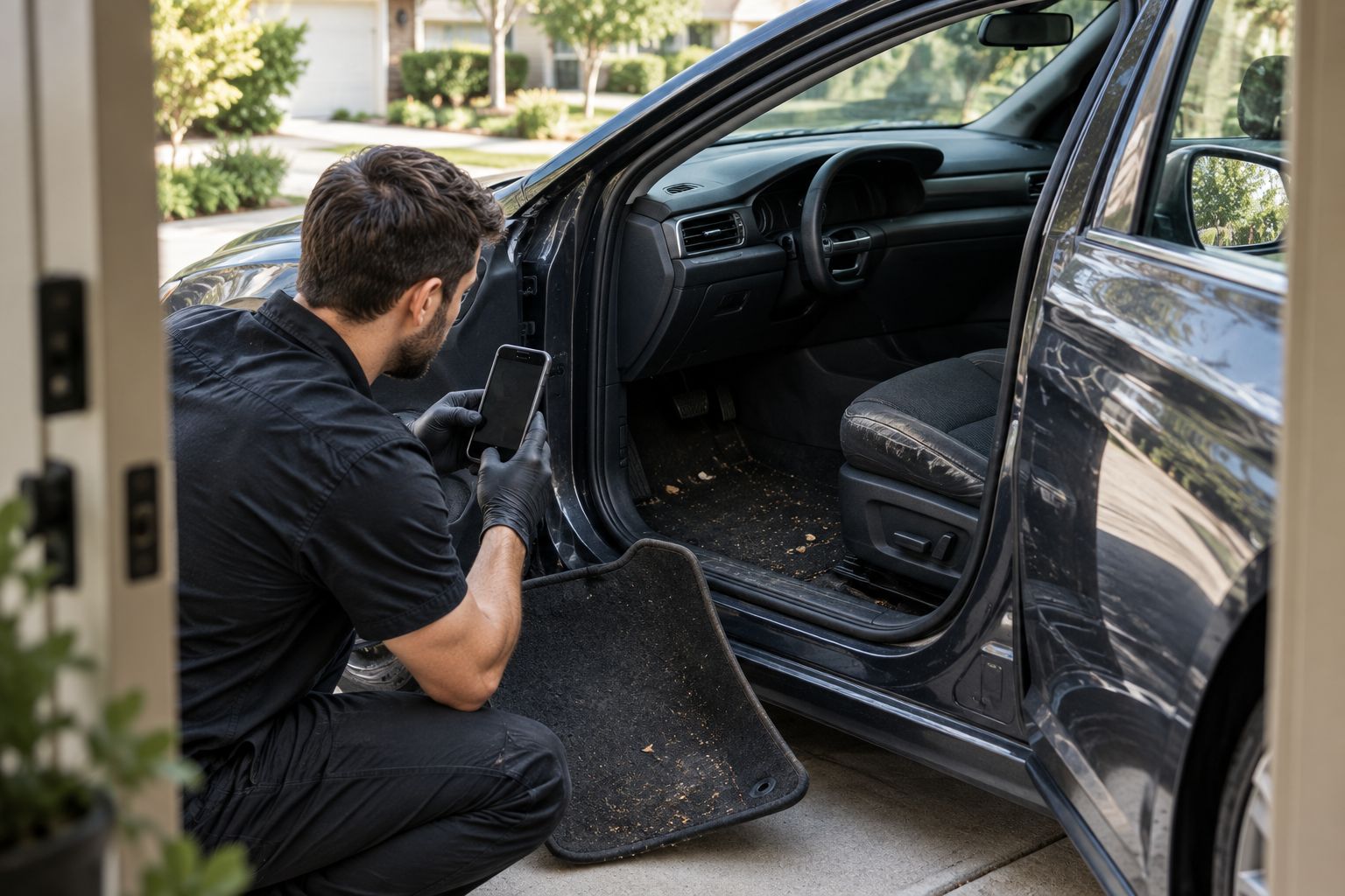 A used car inspection showing debris beneath a floor mat and wear on the driver's seat