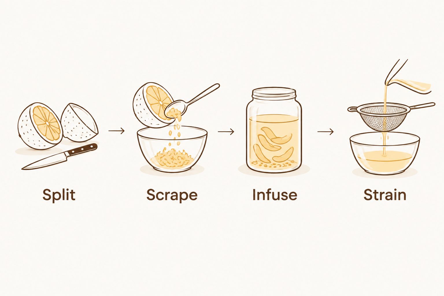 Four vanilla preparation steps: split the bean, scrape the seeds, infuse the pod, and strain.