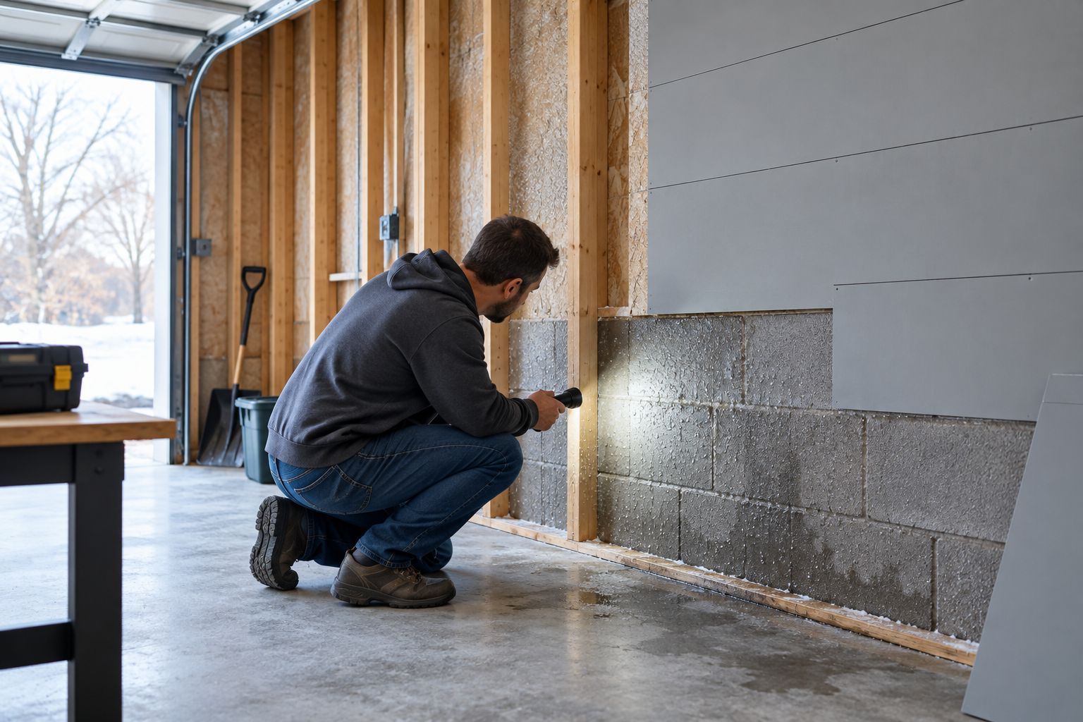Homeowner inspecting condensation on an exposed garage wall before installing panels