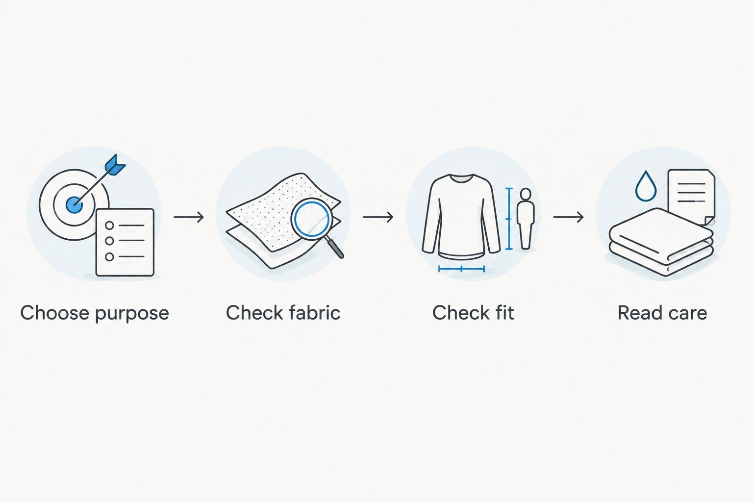 Four garment checks: purpose, fabric, fit, and care
