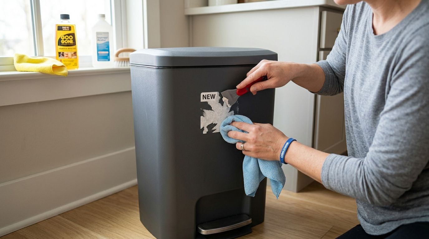 How to remove sticker residue from a new trash bin