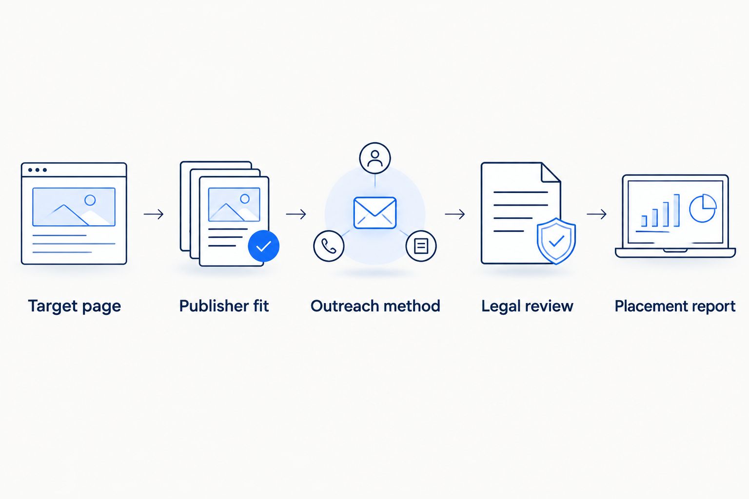 Five campaign checks covering destination, publisher, outreach, legal review and reporting