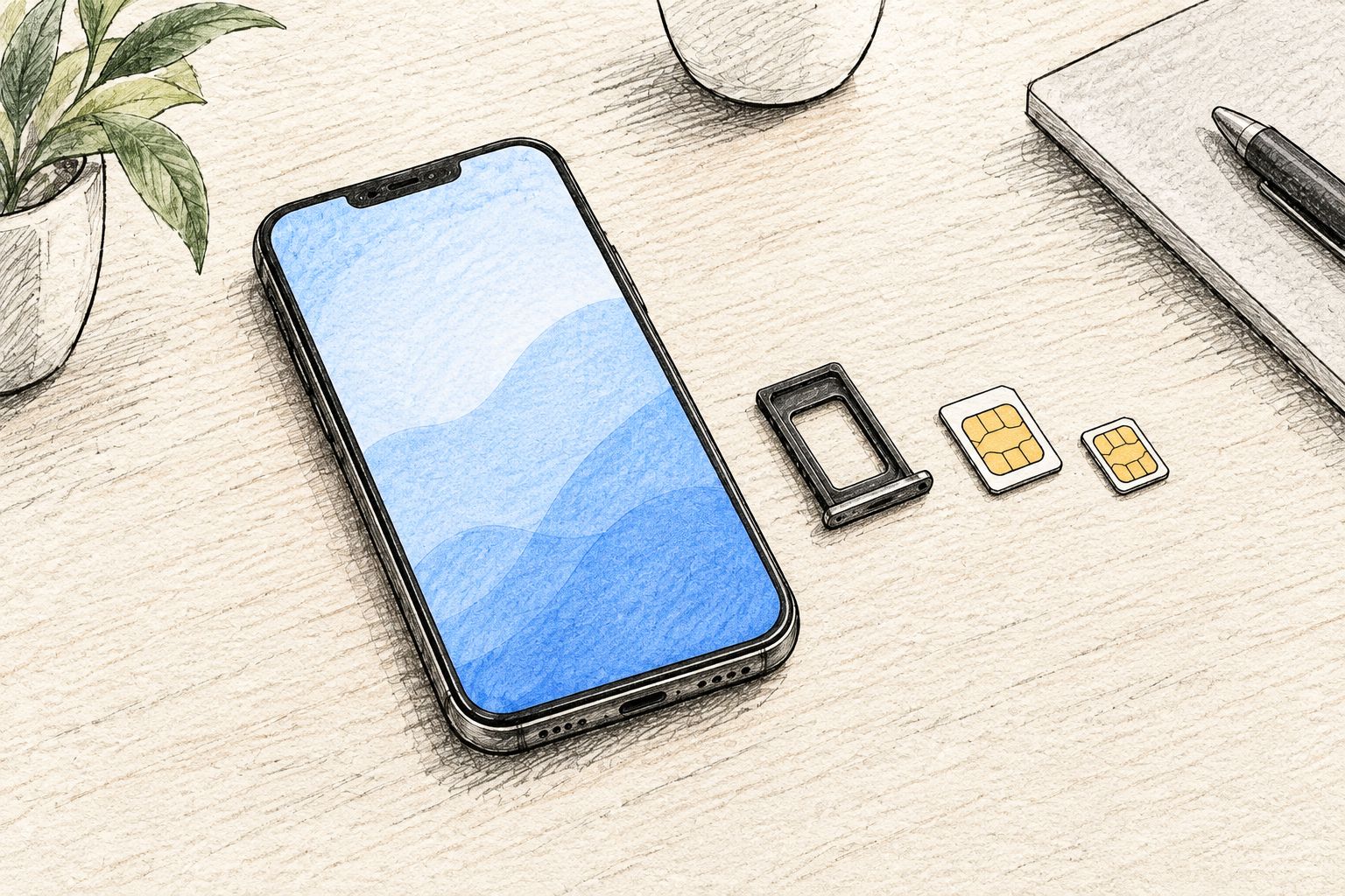 An empty phone SIM tray beside two separate cards