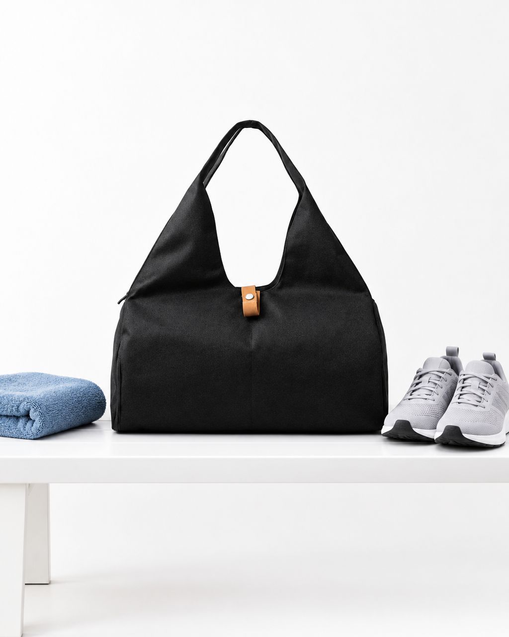 Editorial illustration of a black workout bag beside a blue towel and athletic shoes on a white bench