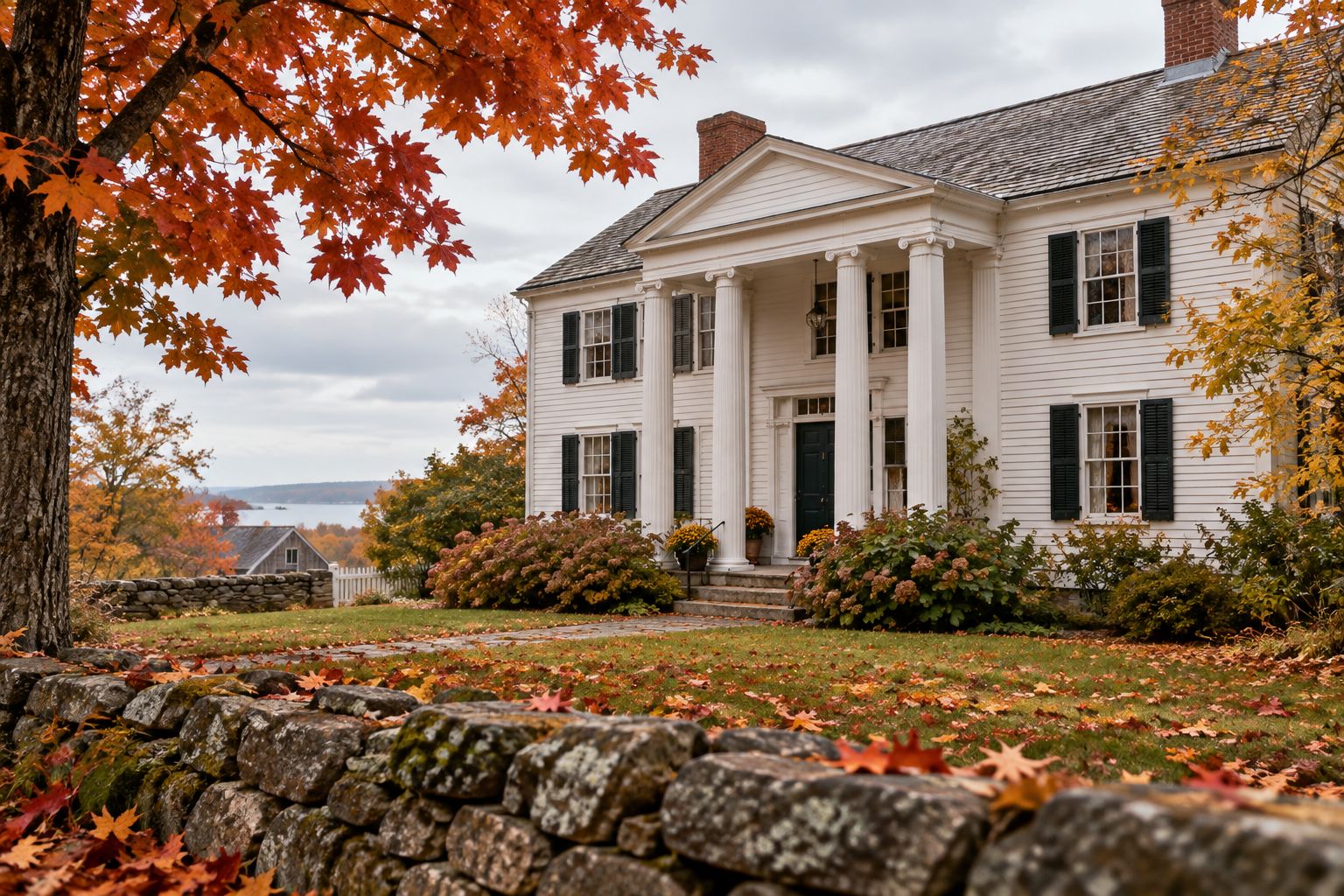 New England colonial house museum exterior in fall