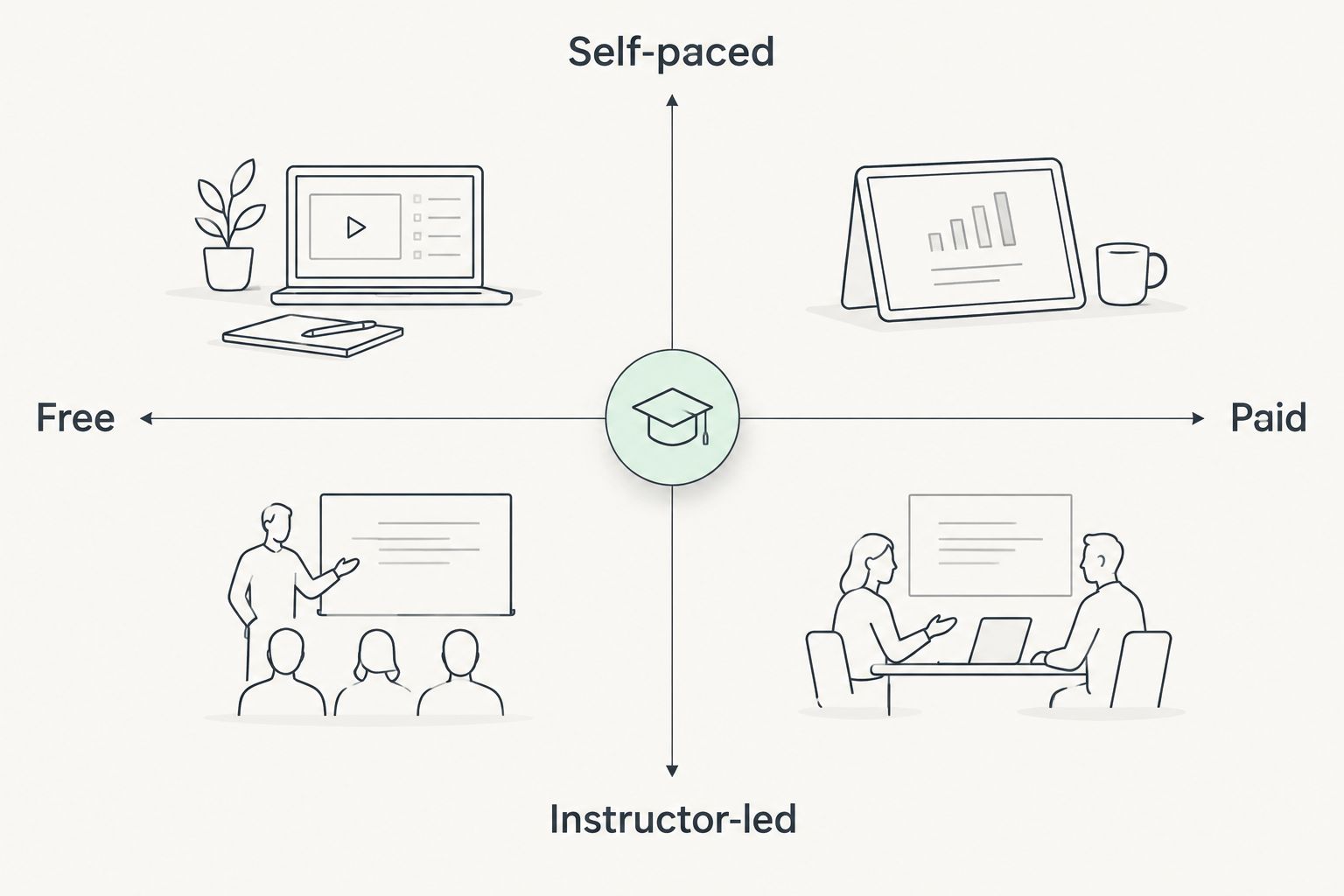 Matrix comparing self-paced versus instructor-led and free versus paid ACCUPLACER prep options