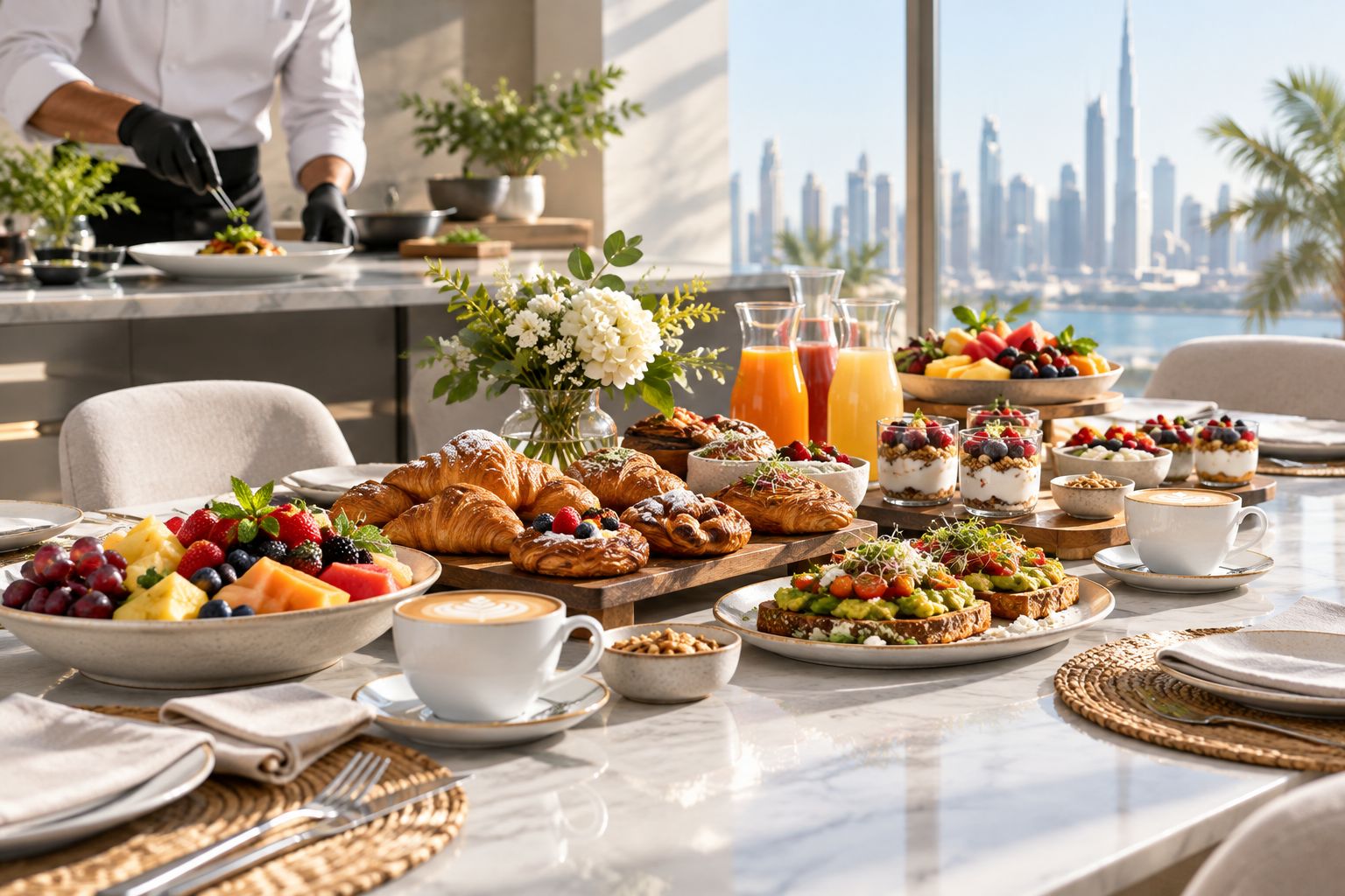 Home brunch table set with a chef plating food in the kitchen