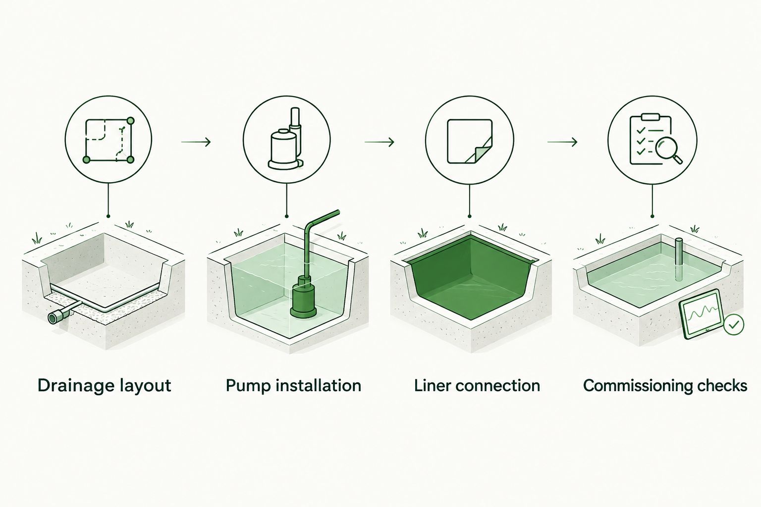 Installation sequence from drainage layout through pump installation, liner connection, and commissioning checks