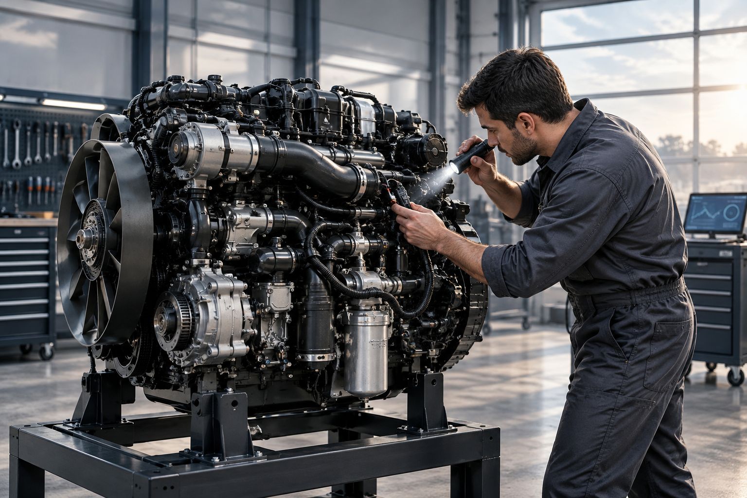 Mechanic inspecting connectors and mounting points on a used heavy-duty diesel engine