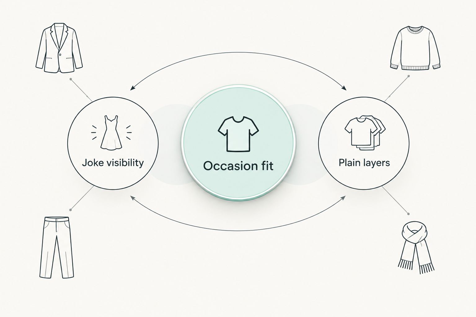 Outfit checks connecting occasion fit with joke visibility and plain layers