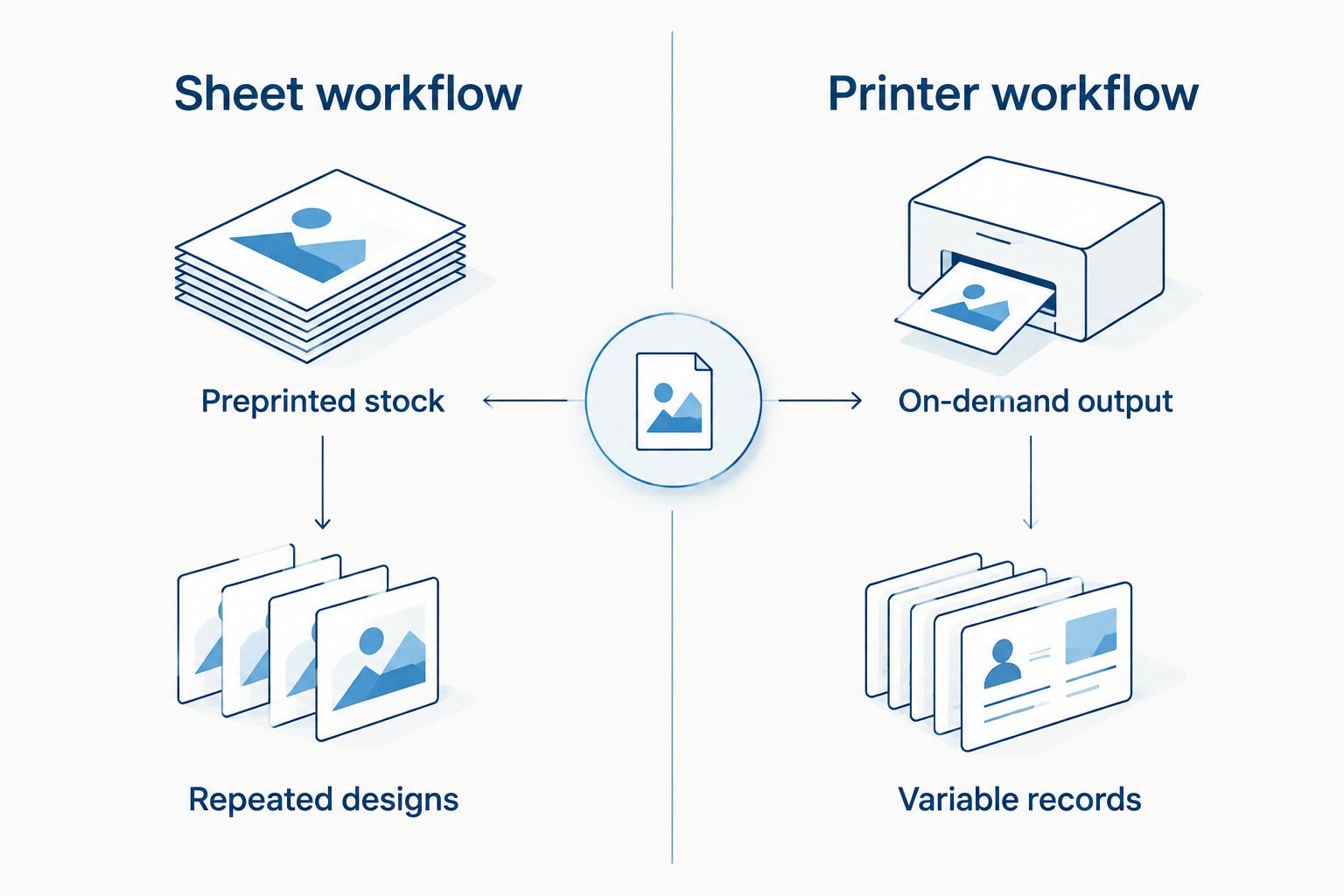 Comparison of a sheet workflow for repeated designs and a printer workflow for variable records