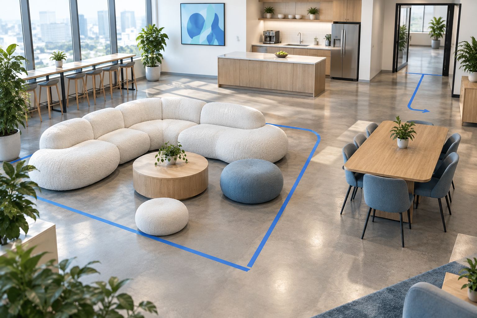 Breakroom with a taped sofa footprint, separate dining area, and clear route to the kitchenette