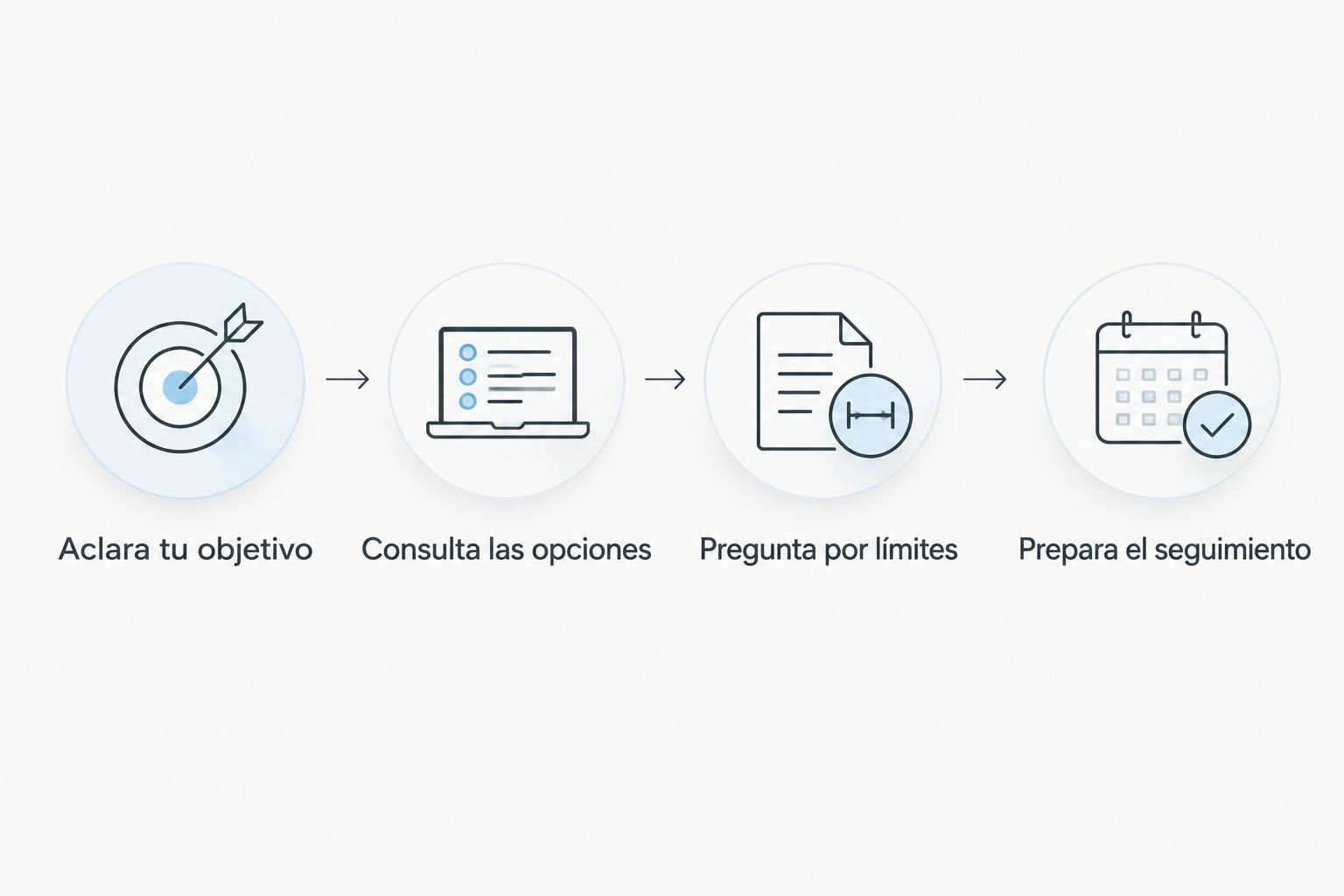 Pasos para decidir: aclarar el objetivo, consultar opciones, preguntar por límites y preparar el seguimiento.