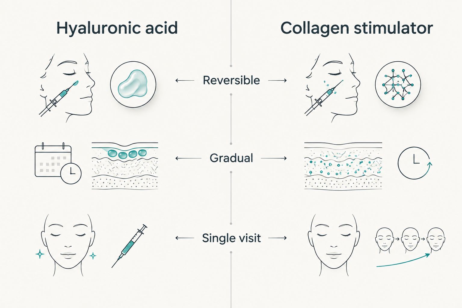 Two-column comparison of hyaluronic acid filler and collagen stimulators