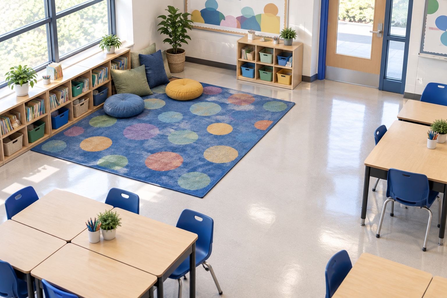 Classroom reading rug beside a bookshelf with clear routes to desks and the doorway