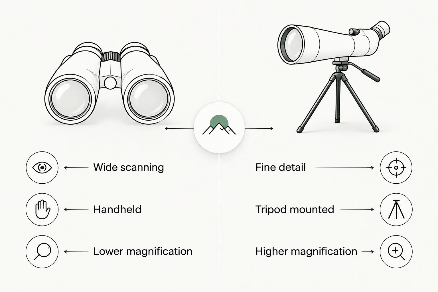 Two-column comparison of binoculars and spotting scopes