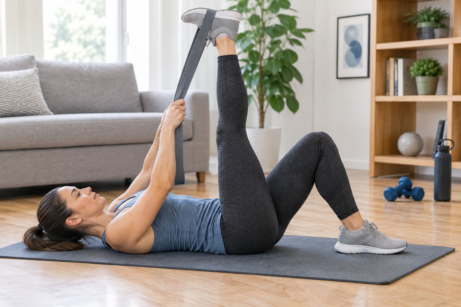 Person performing a supine hamstring stretch with a strap