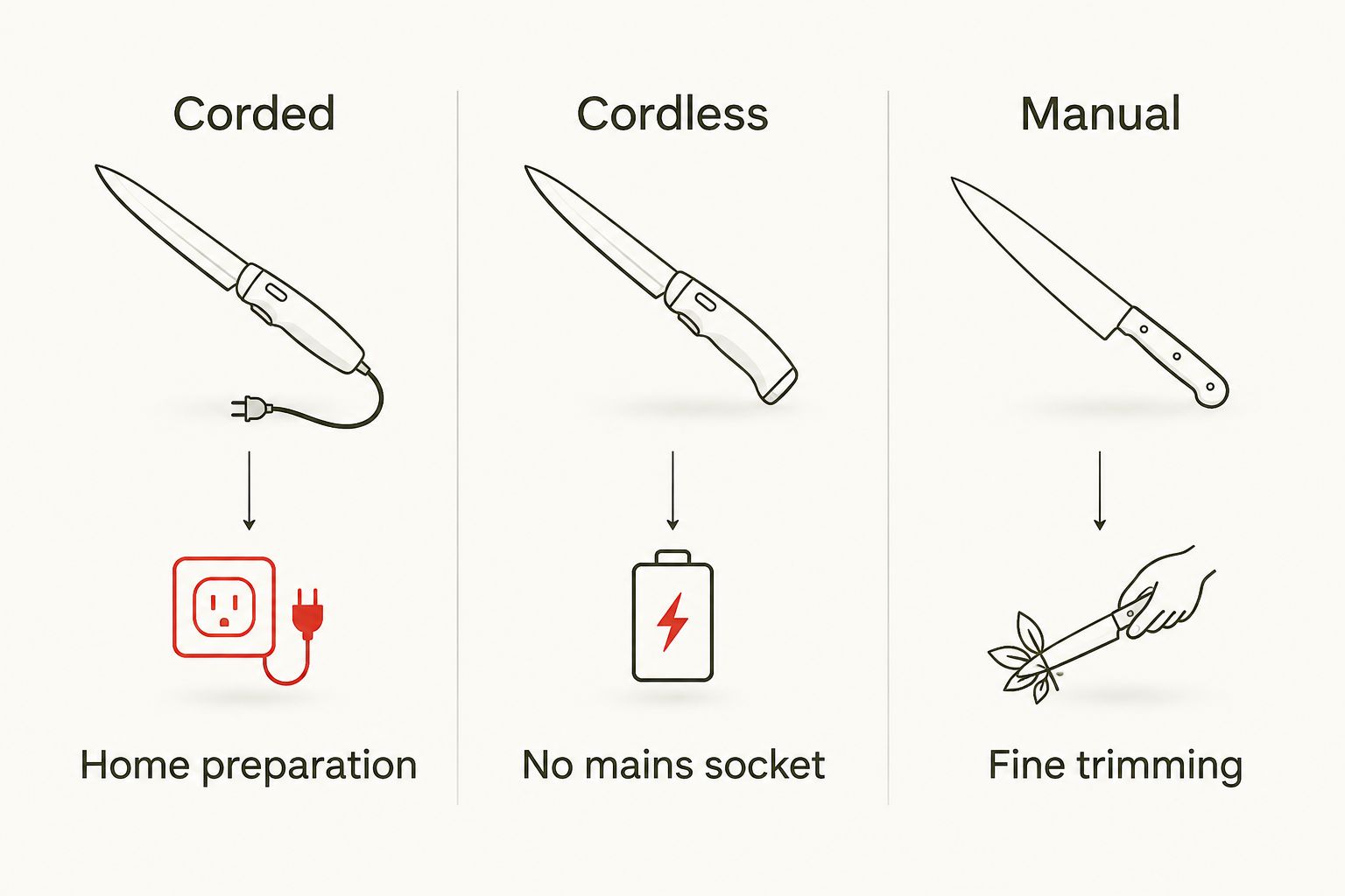 Corded, cordless and manual knives compared by their main preparation use