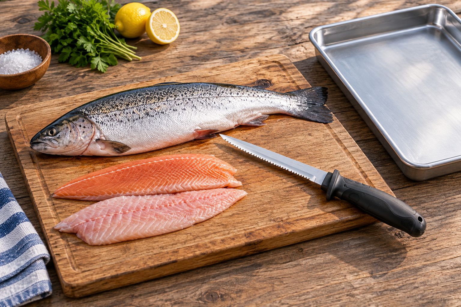 Fish-preparation board with a knife, separate tray and clear working space