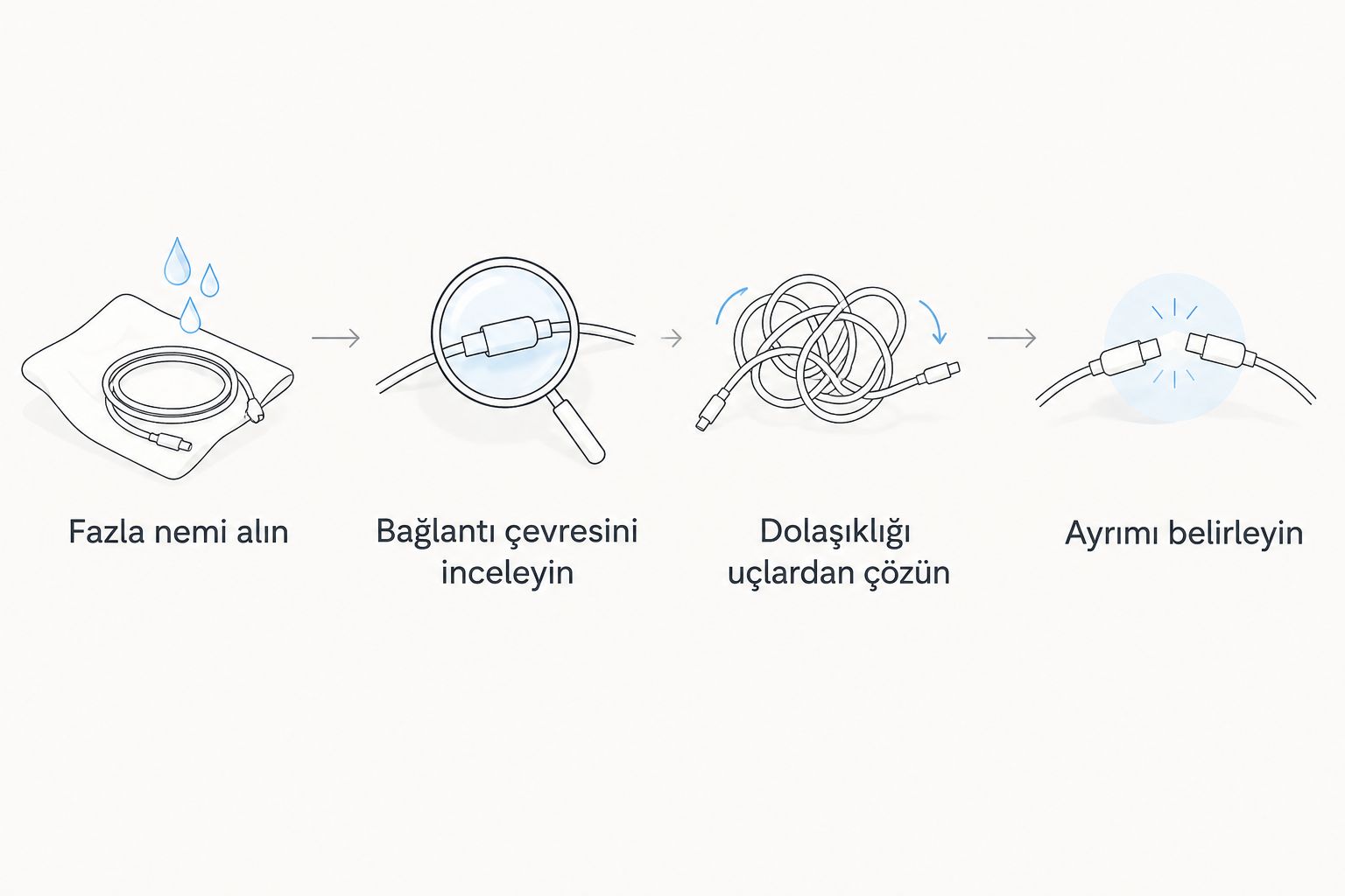 Fön öncesinde nem alma, bağlantıyı inceleme, dolaşıklığı çözme ve ayrımı belirleme sırası
