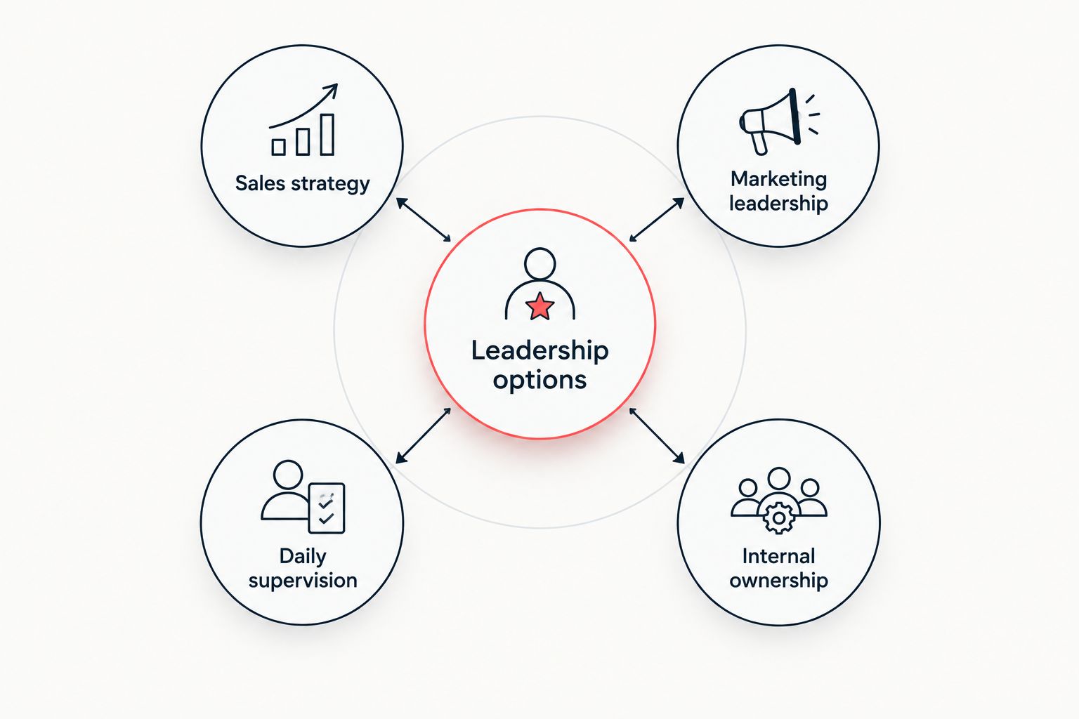Leadership options separated into sales strategy, marketing leadership, daily supervision, and internal ownership