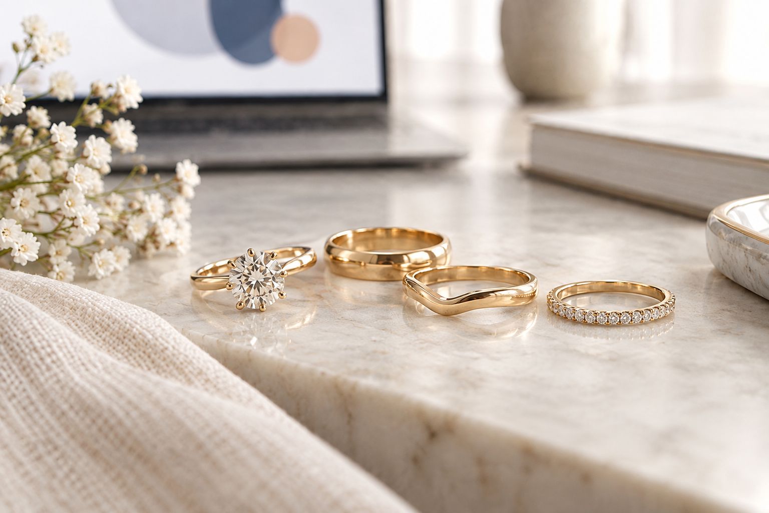 Engagement ring beside plain, contoured, and stone-set wedding band silhouettes