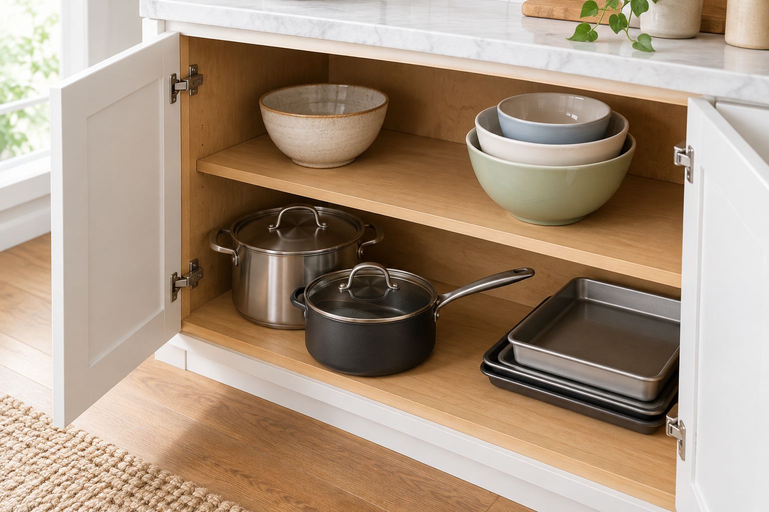 Lower kitchen cabinet with accessible cookware, nested bowls, and occasional-use items toward the back.