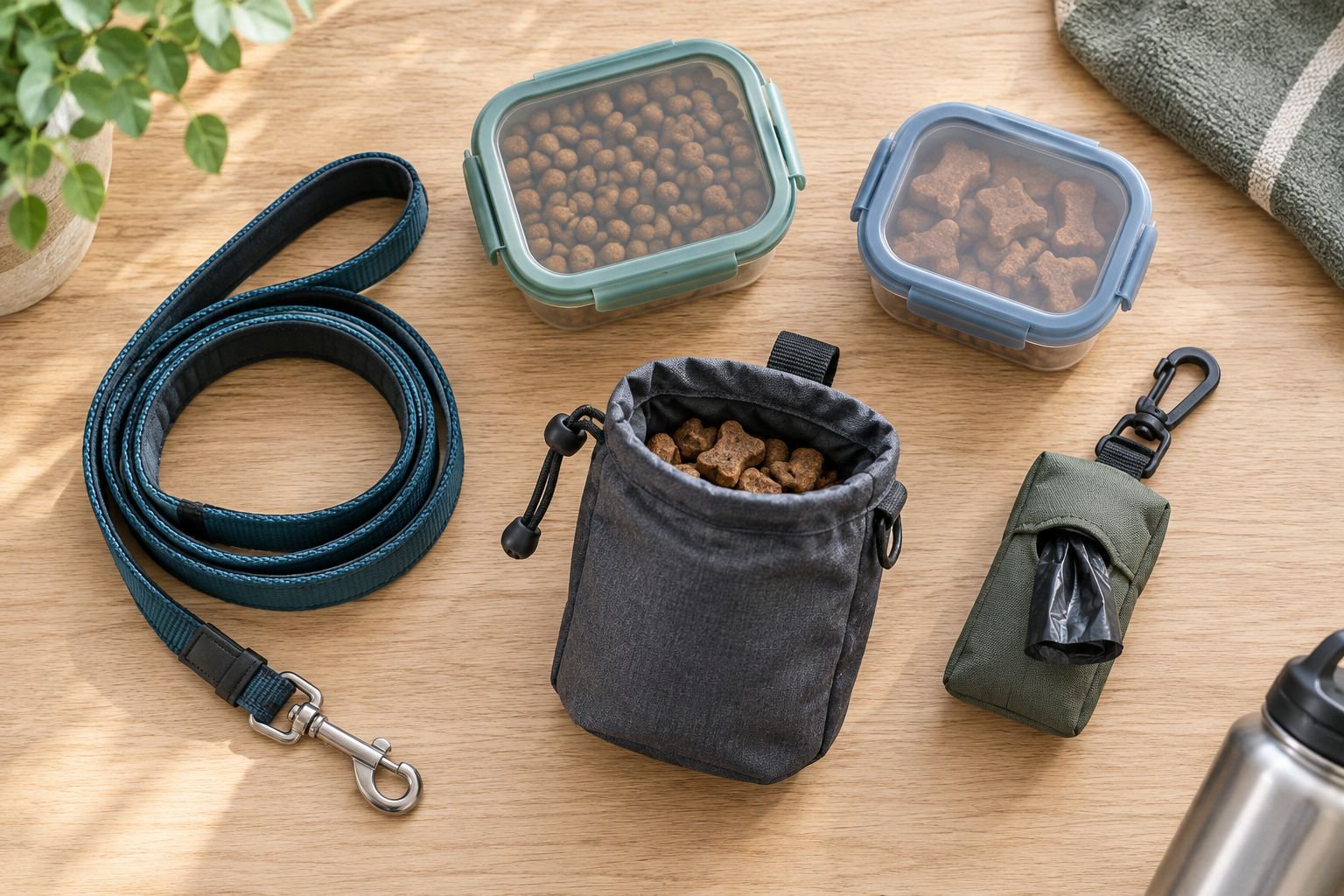 Dog-walking kit with separate food containers and waste supplies kept apart