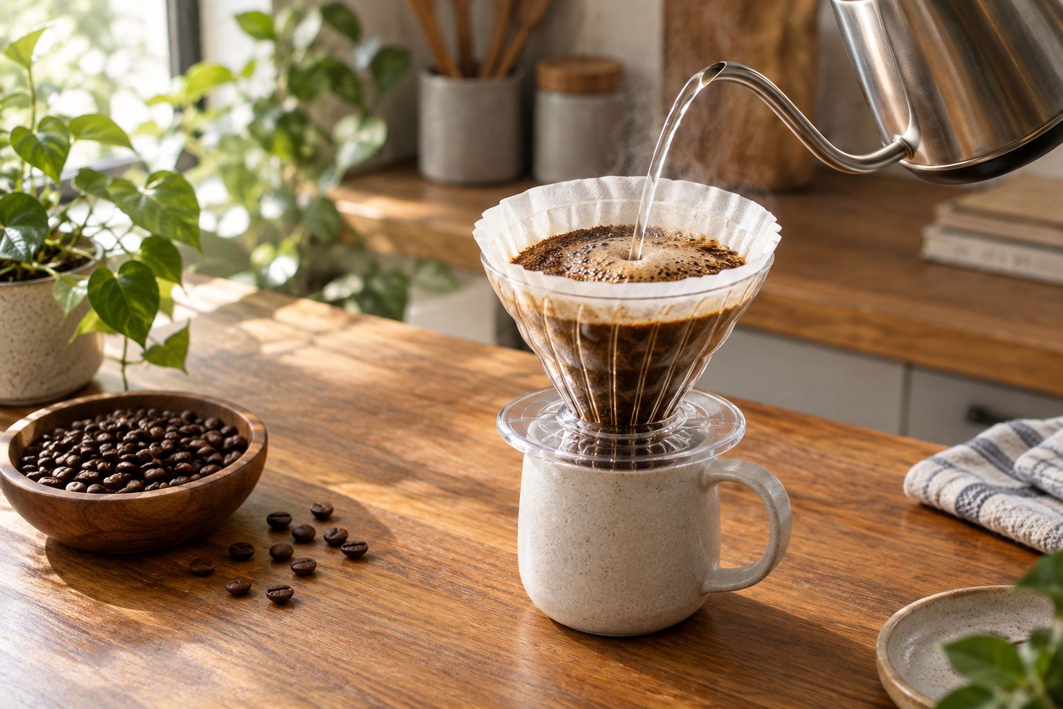 Water being poured over ground coffee in a home pour-over dripper