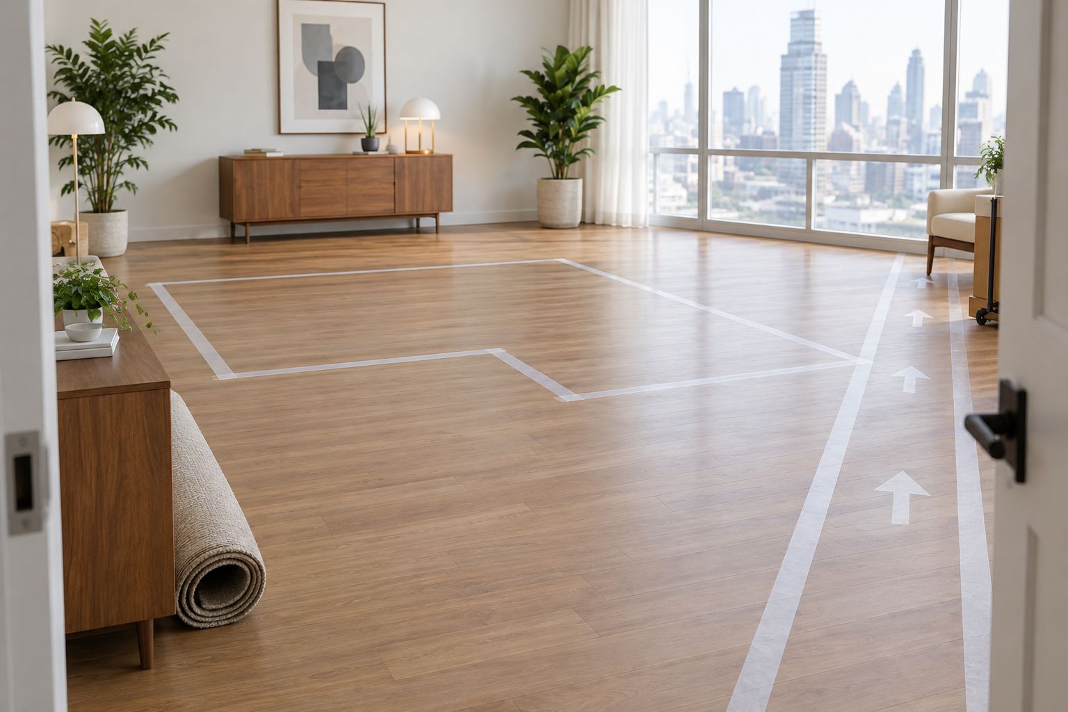 Cleared living room with a marked sofa footprint and an unobstructed delivery route