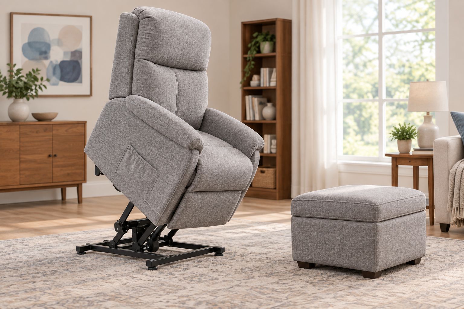 Lift chair tilted forward mid-lift in a living room
