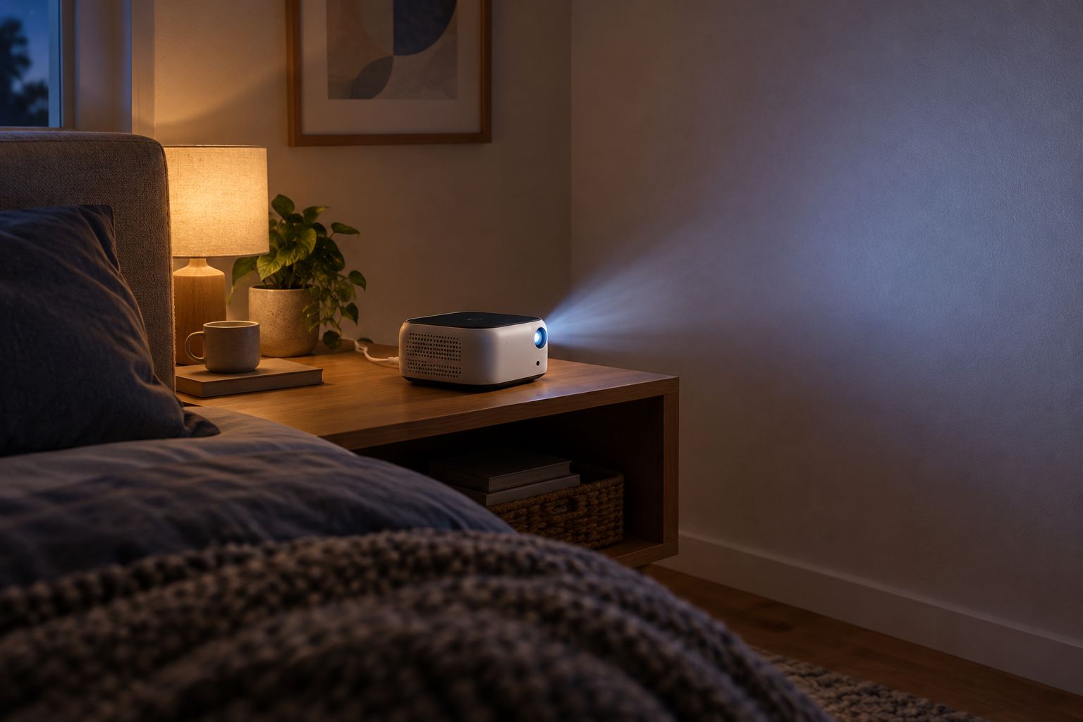 Compact projector aligned with a bedroom wall, with clear ventilation and a tidy power cable