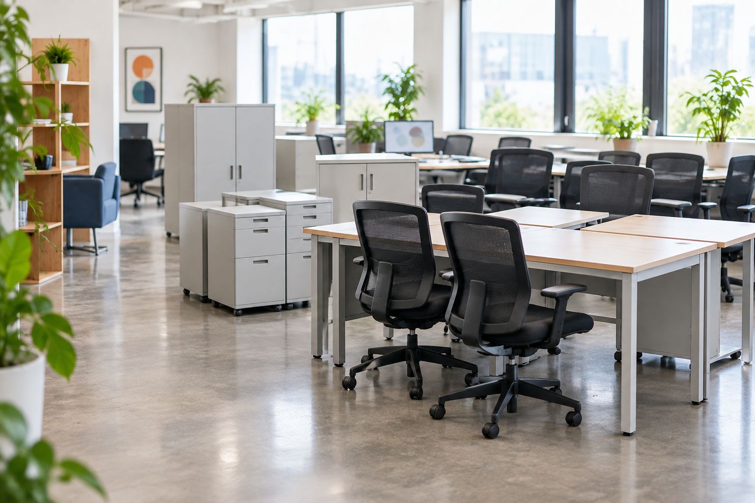 Unbranded desks, chairs and cabinets grouped in an office during a furniture review