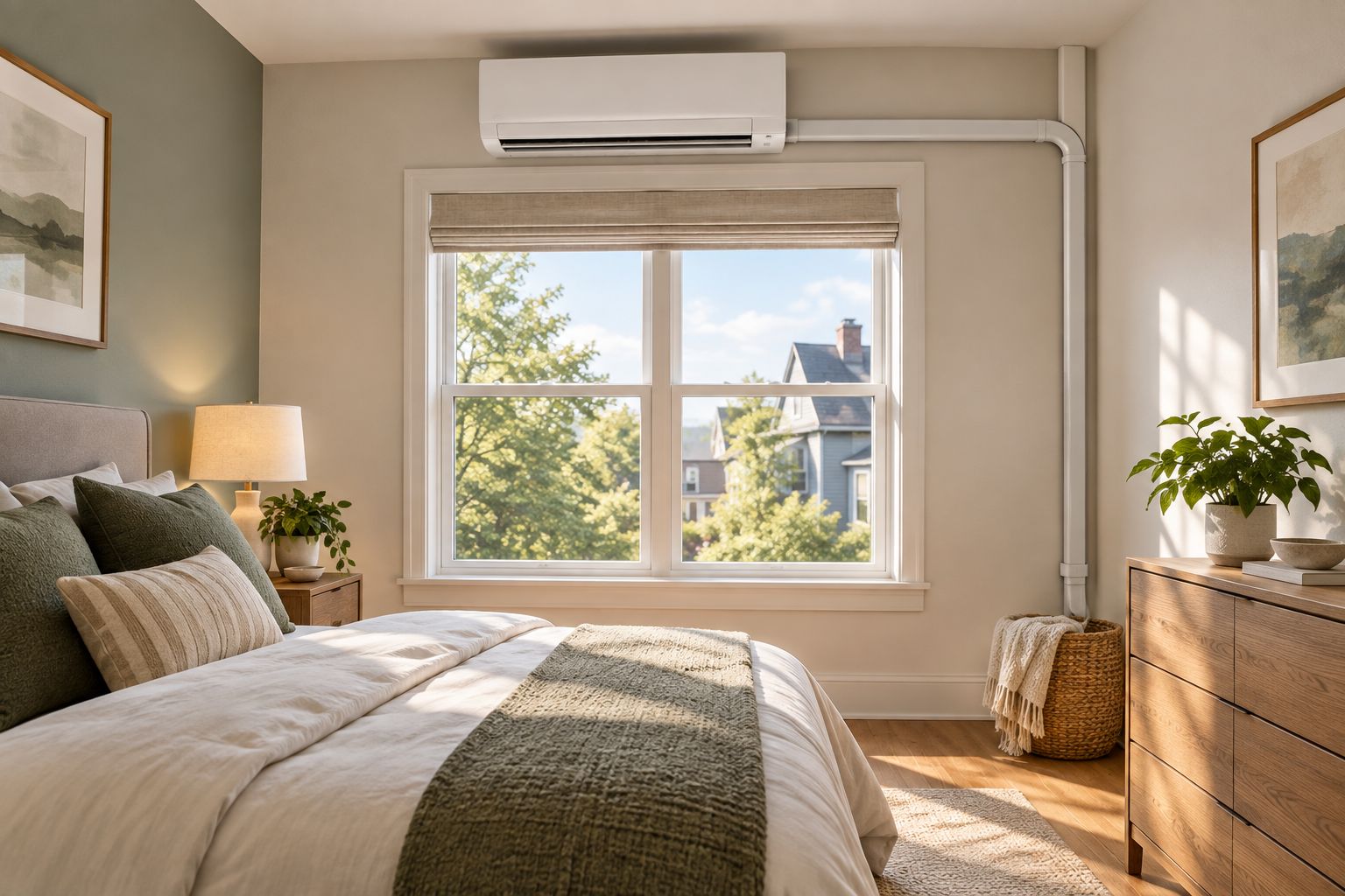 Wall-mounted ductless mini-split unit installed in a second-floor bedroom